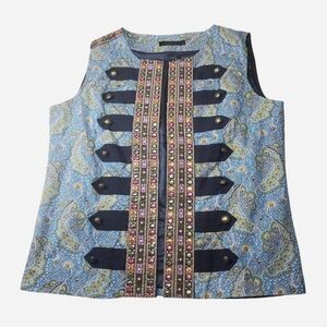 Vintage Vest Womens Large Blue Paisley Open Embroidered Details Boho Moroccan